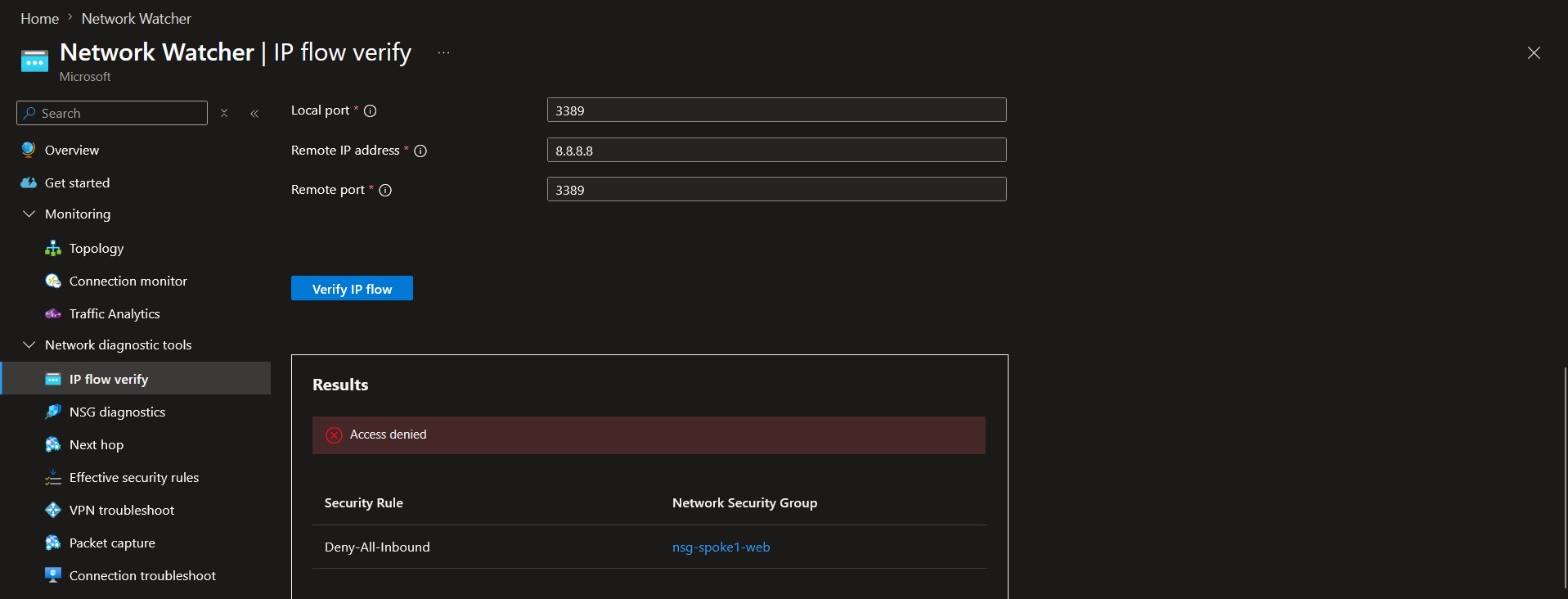 IP Flow Verify showing RDP traffic from the internet is correctly denied by NSG rules.